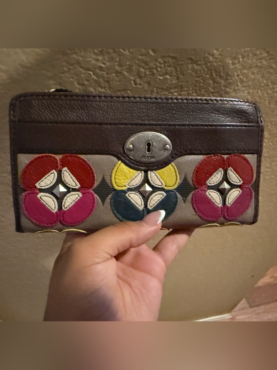 Fossil Accessories - Fossil Brown Leather Zip Card Holder with Multicolor Floral Accents